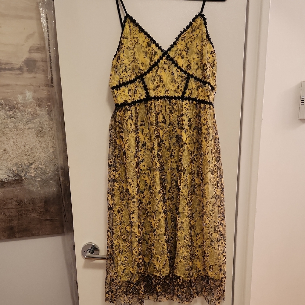 Aqua Yellow Floral Midi Dress with Black Trim